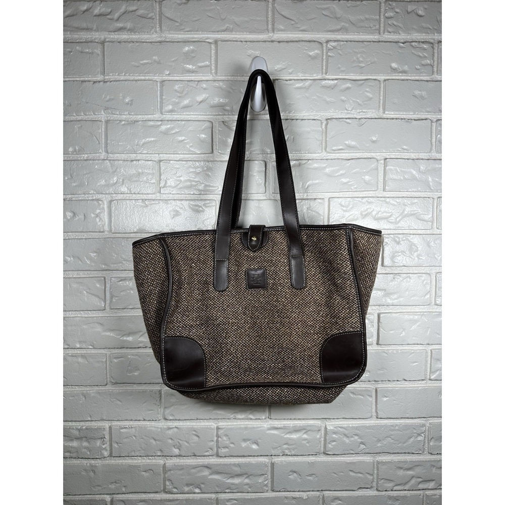 IZOD Brown Tweed Tote Bag Faux Leather Trim‎ Large Shoulder Bag